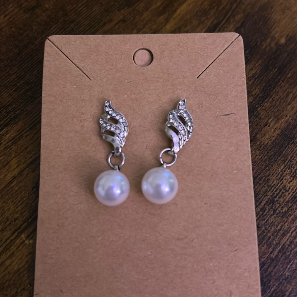 Silver Pearl Drop Earrings with Crystal Accents